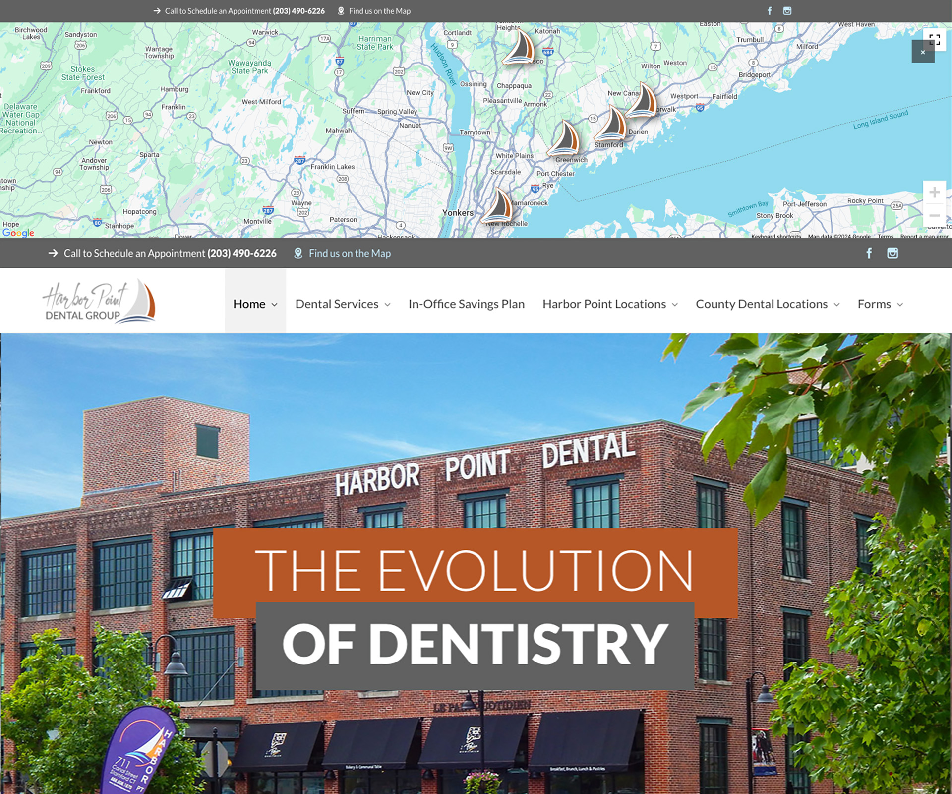 This is the Harbor Point Dental Group's home page that Christopher Gaccione designed with an integrated location map with addresses for all five offices.