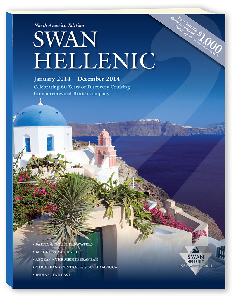 This is the cover for a Swan Hellenic cruise itinerary catalog produced by Christopher Gaccione