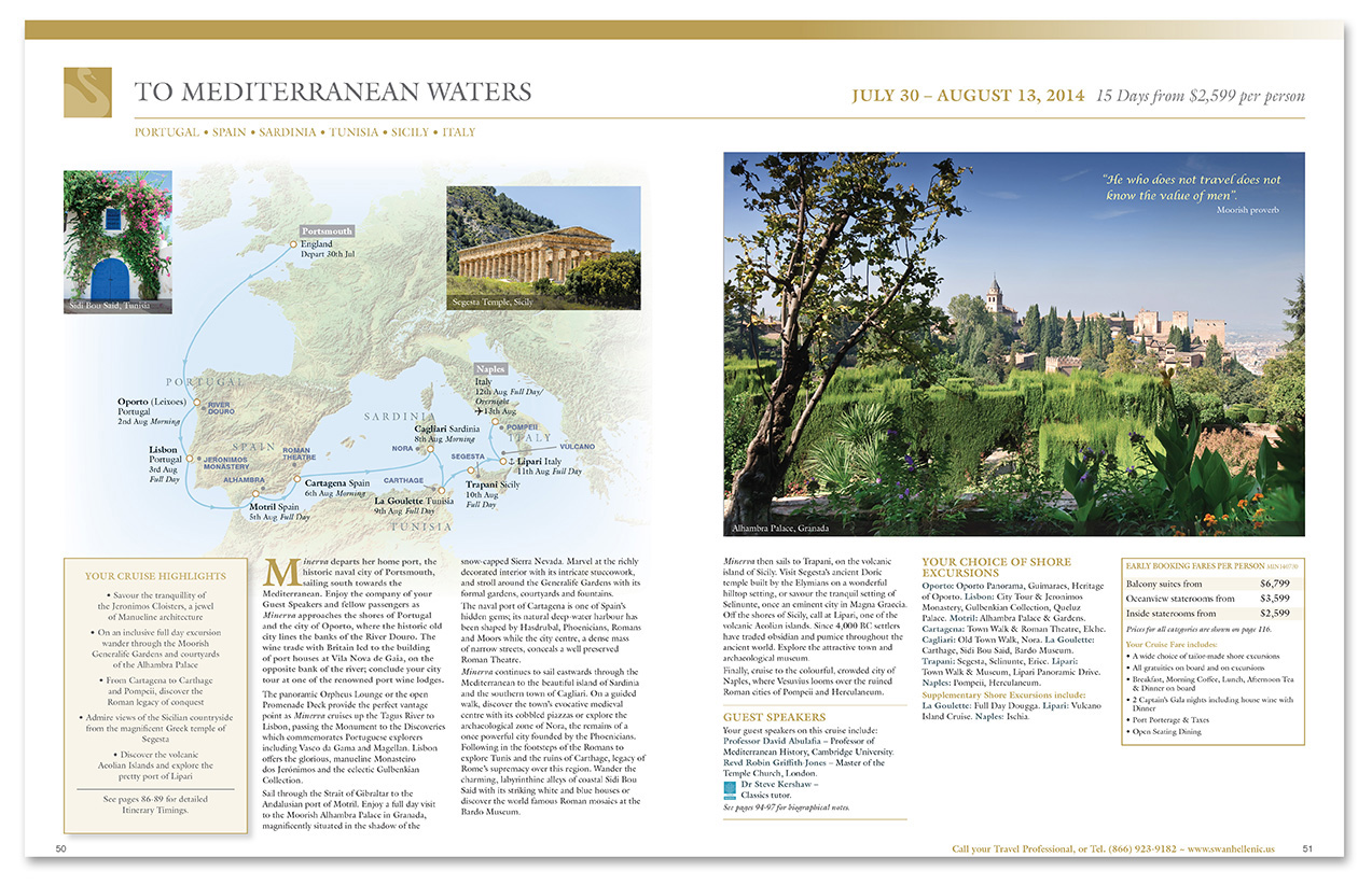 This is a spread for a Swan Hellenic cruise itinerary catalog produced by Christopher Gaccione