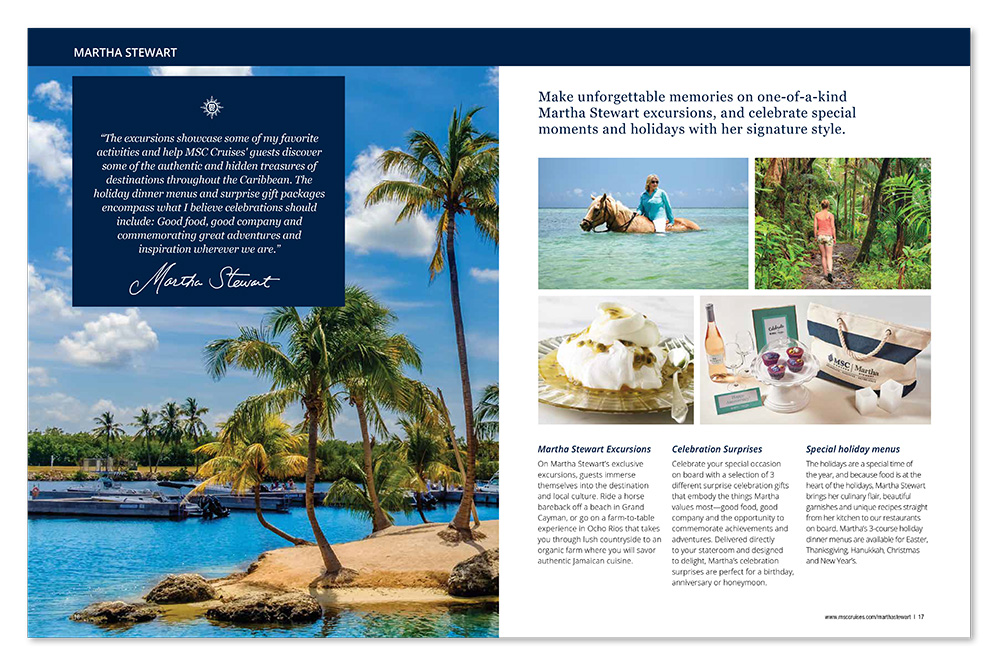 This is a catalog spread produced by Christopher Gaccione for MSC Cruises, Martha Stewart themed itinerary.