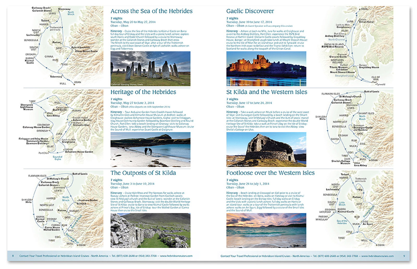 This is a catalog spread produced by Christopher Gaccione for Hebridean Princess cruise itinerary catalog.