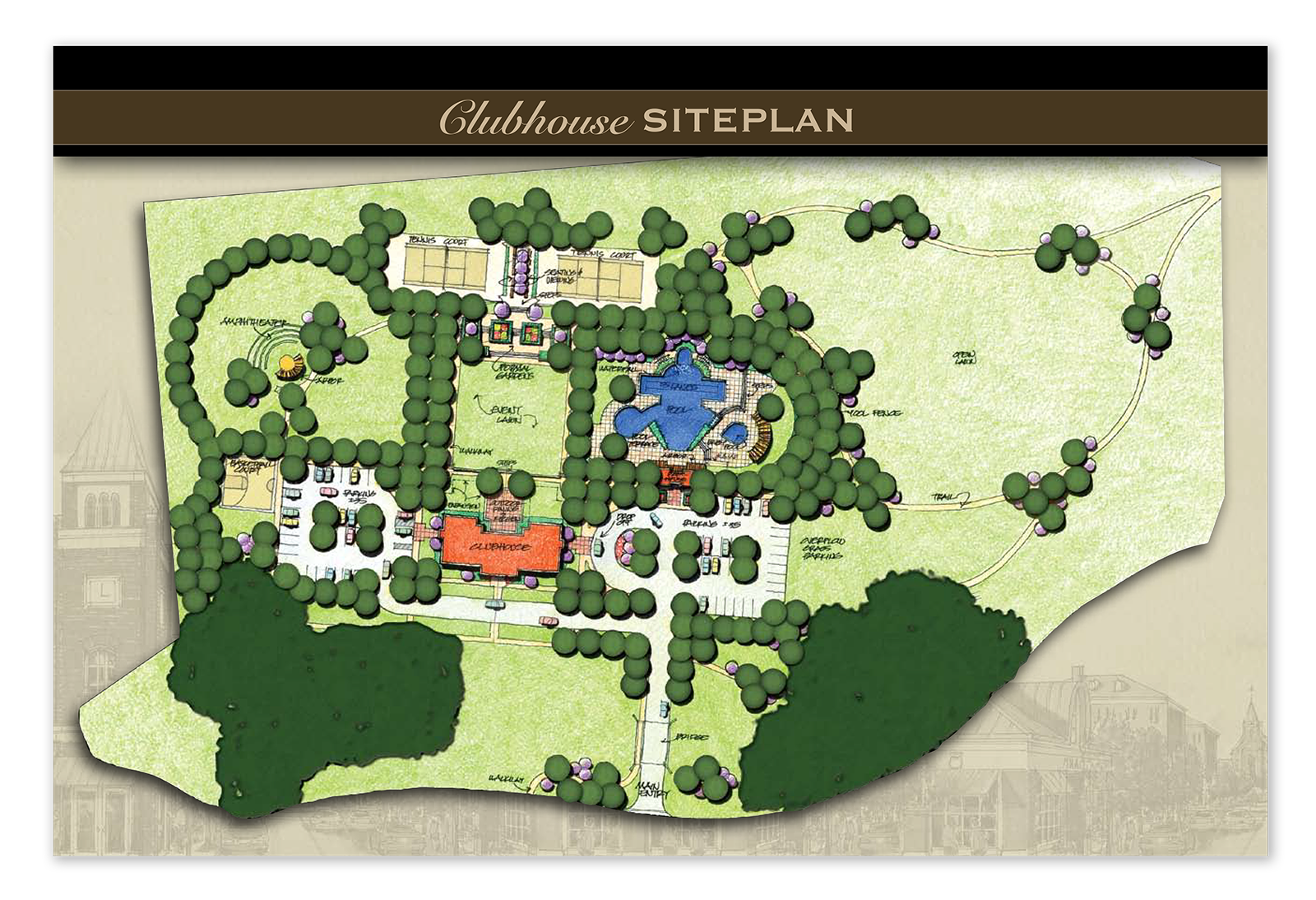 This is a clubhouse site plan designed and produced by Christopher Gaccione for a real estate advertising agency.